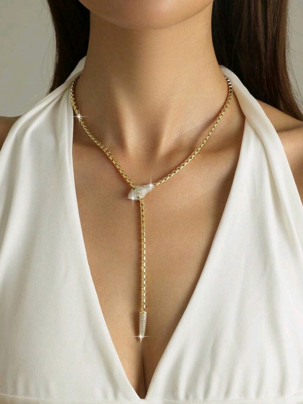 Gold Color Pave Snake Pendant Necklace with Green Eye Accents